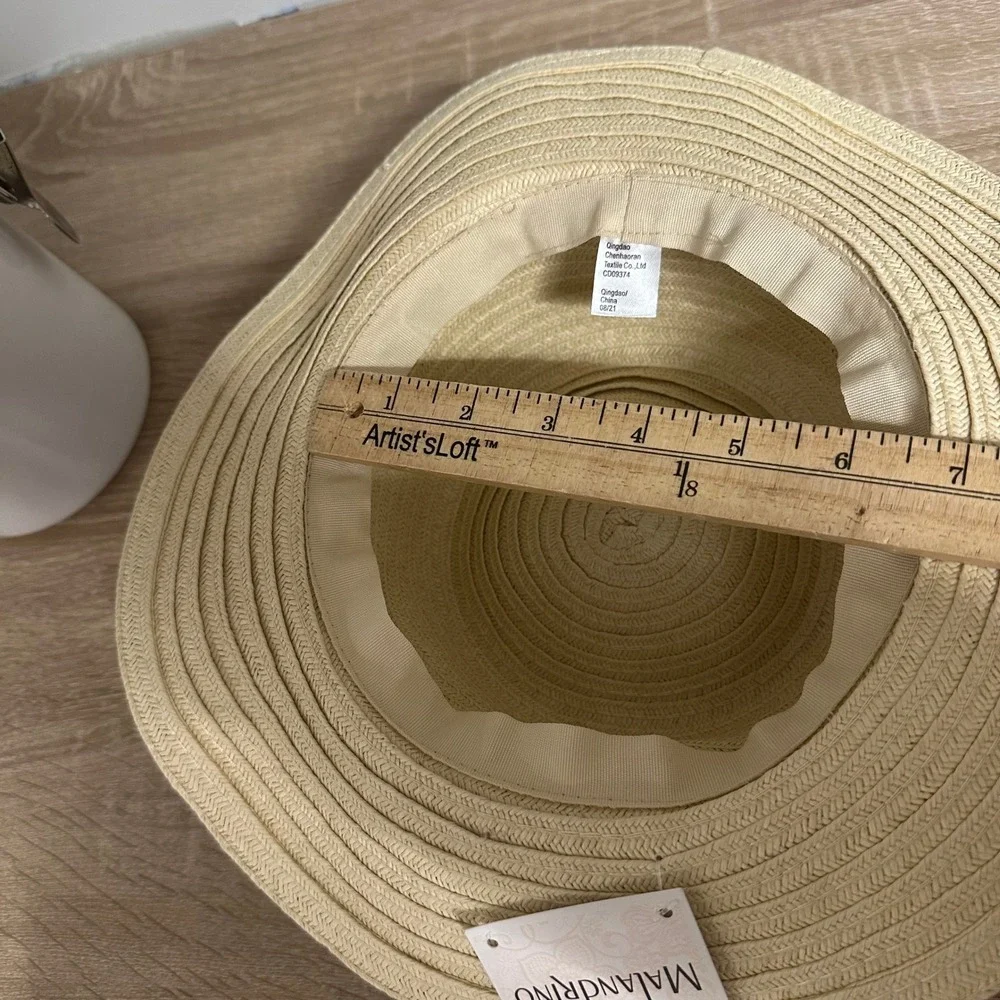 Catherine Malandrino Straw Sun Hat Womens‎ OS Beige White Bow Wide Brim Feminine